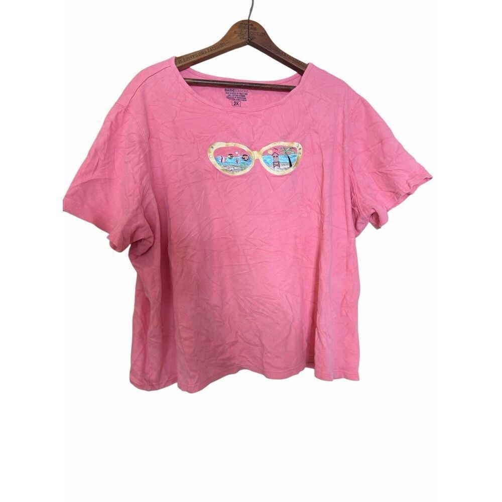 Basic Editions Embroidered Sunglasses Beach Short Sleeve T-Shirt Pink Size 2X - Picture 2 of 7
